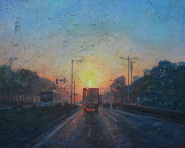 Painting titled "Série : Le soir - 1…" by Zhen Hao He, Original Artwork, Oil Mounted on Wood Stretcher frame