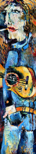 Painting titled "A guy with a guitar" by Nikita Ostapenco, Original Artwork, Oil Mounted on Wood Stretcher frame