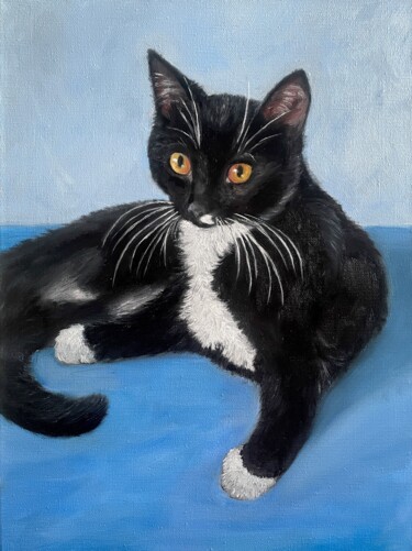 Painting titled "Black cat on a blue…" by Elena Ushanova, Original Artwork, Oil Mounted on Wood Stretcher frame