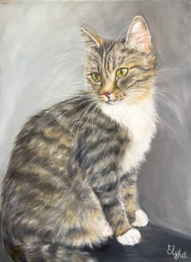 Painting titled "Gray cat" by Elena Ushanova, Original Artwork, Oil Mounted on Wood Stretcher frame