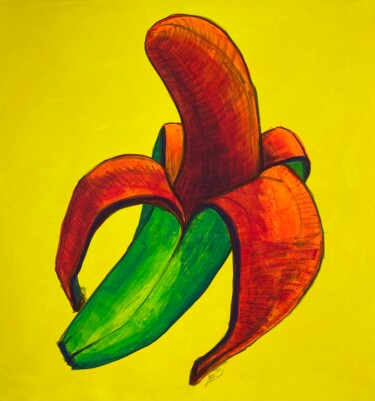 Red banana, yellow back ground Pintura titulada "Red banana, yellow…" por Maria Makarova, Obra de arte original, Acrílico