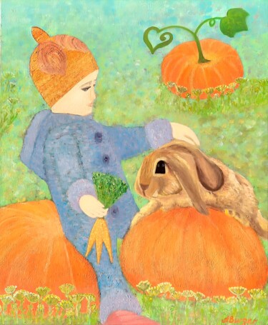 Acrylic Impasto Painting: A Child with a Rabbit on Pumpkins 绘画 标题为“Acrylic Impasto Pai…” 由Anna Burger, 原创艺术品, 丙烯