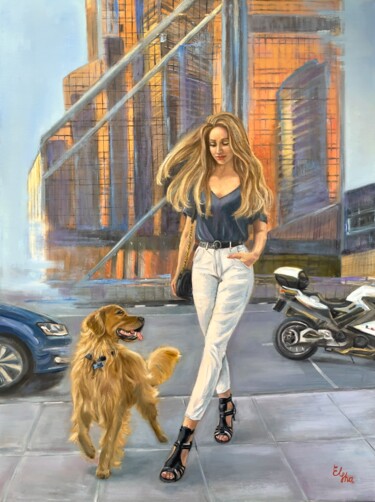 Walking around the city with a friend 绘画 标题为“Walking around the…” 由Elena Ushanova, 原创艺术品, 油 安装在木质担架架上