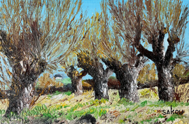 Peinture intitulée "Alignement d'arbres…" par Samuel Kouyoumdjian, Œuvre d'art originale, Huile Monté sur Châssis en bois