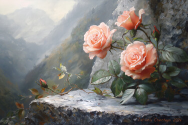 Painting titled "Roses among the sto…" by Tatjana Cechun, Original Artwork, Oil