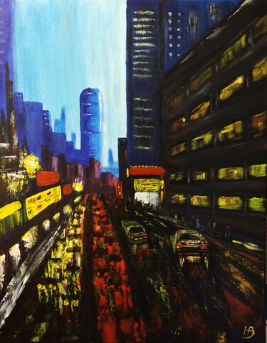 Pintura titulada "Nuit sur New-York" por Hubert Bridoux, Obra de arte original, Acrílico