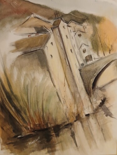 Pont de Montvert en mouvement Peinture intitulée "Pont de Montvert en…" par Eve Elikoff, Œuvre d'art originale, Aquarelle