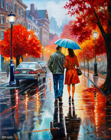 Картина под названием "TOGETHER IN THE RAIN" - Vera Melnyk, Подлинное произведение искусства, Масло Установлен на Деревянная…