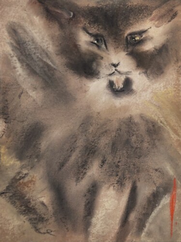 Drawing titled "Mocha Cat" by Olesya Nikolaeva, Original Artwork, Pastel