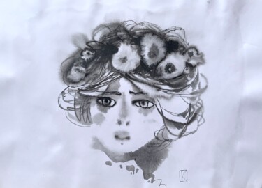 Drawing titled "The girl with flowe…" by Katerina Putilina, Original Artwork, Ink