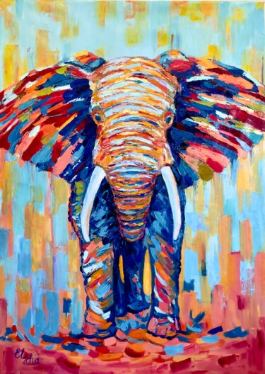 Rainbow Elephant Peinture intitulée "Rainbow Elephant" par Elena Ushanova, Œuvre d'art originale, Huile