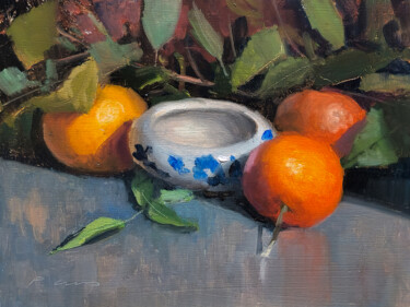 Peinture intitulée "3 Tangerines" par Pascal Giroud, Œuvre d'art originale, Huile Monté sur Panneau de bois