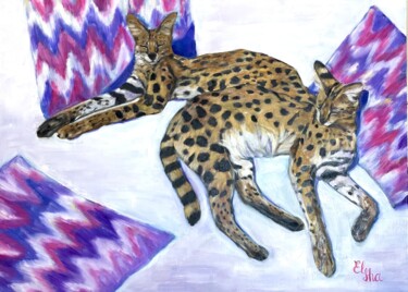 Sleeping servals 绘画 标题为“Sleeping servals” 由Elena Ushanova, 原创艺术品, 油 安装在木质担架架上