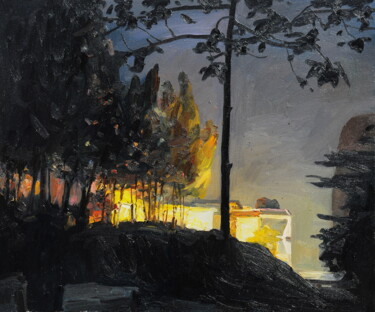 Painting titled "Série : Les monts T…" by Zhen Hao He, Original Artwork, Oil Mounted on Wood Stretcher frame