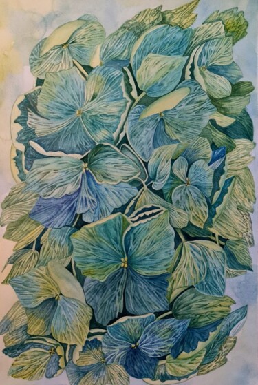 Blue hydrangeas Peinture intitulée "Blue hydrangeas" par Olga Poruchikova, Œuvre d'art originale, Aquarelle
