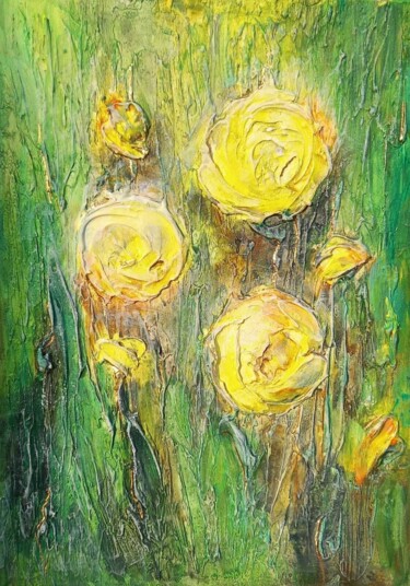 Painting titled "dandelions. flowers…" by Olesa Kasirskaa, Original Artwork, Acrylic Mounted on Wood Stretcher frame