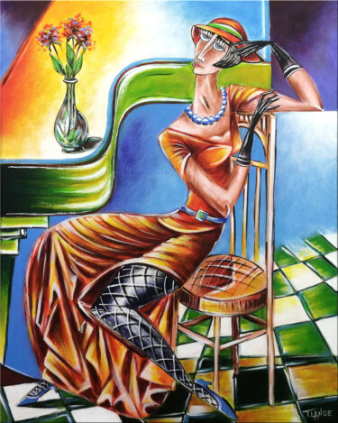 Painting titled "Woman Chillout #M304" by Thomas Lange, Original Artwork, Oil Mounted on Wood Stretcher frame