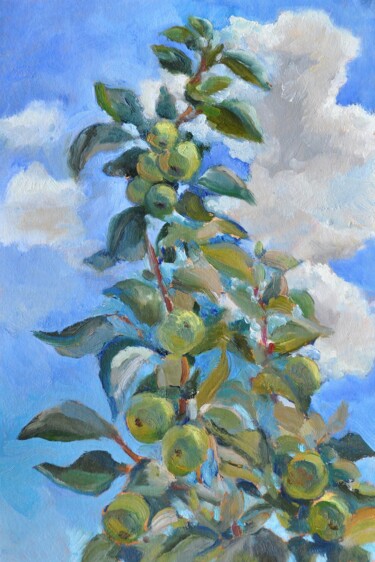 Apple tree branch Original Small Oil Painting Painting titled "Apple tree branch O…" by Irina Lopuh, Original Artwork, Oil Mounted on Cardboard