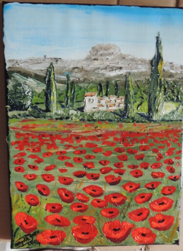 Painting titled "Coquelicots au pied…" by Mireille Bello, Original Artwork, Oil