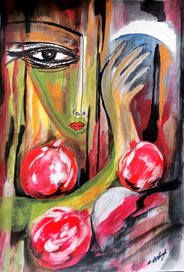 Peinture intitulée "She Who Holds The M…" par Mansoureh Ashrafi, Œuvre d'art originale, Acrylique Monté sur Carton
