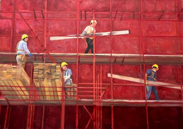 Pittura intitolato "Ouvriers à l'ouvrage" da Yi Eleven Yi, Opera d'arte originale, Olio Montato su Telaio per barella in leg…
