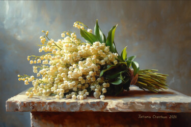 A bouquet of lilies of the valley on an old stone table Peinture intitulée "A bouquet of lilies…" par Tatjana Cechun, Œuvre d'art originale, Huile