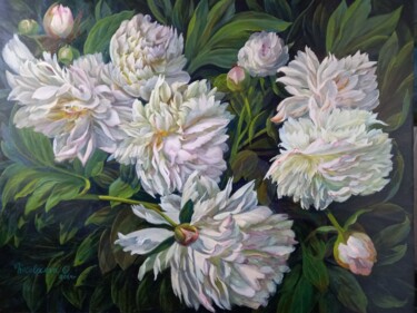Peinture intitulée "White peonies with…" par Olga Nikolaeva, Œuvre d'art originale, Huile Monté sur Châssis en bois