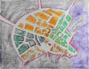 "Stadtplan Münchens…" başlıklı Tablo Paul Riedel tarafından, Orijinal sanat, Pastel