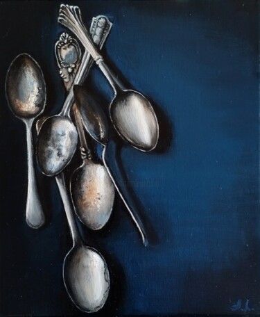 Painting titled "Silver Spoons" by Antonina Leshchenko, Original Artwork, Oil Mounted on Wood Stretcher frame