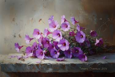 A bouquet of purple bells on an old stone table Peinture intitulée "A bouquet of purple…" par Tatjana Cechun, Œuvre d'art originale, Huile