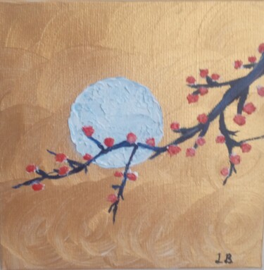 cherry blossom branch against the backdrop of a full blue 绘画 标题为“cherry blossom bran…” 由Laura Bogatyreva, 原创艺术品, 油 安装在木质担架架上