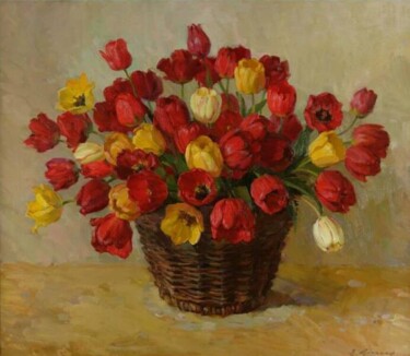 Painting titled "Basket with the tul…" by Viktor Cyganuk, Original Artwork, Oil Mounted on Wood Stretcher frame