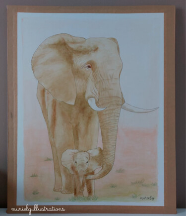 Eléphante et son petit - Aquarelle 绘画 标题为“Eléphante et son pe…” 由Muriel Guillerault (Murielg.illustrations), 原创艺术品, 水彩