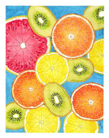绘画 标题为“Agrumes et kiwis -…” 由Muriel Guillerault (Murielg.illustrations), 原创艺术品, 水彩