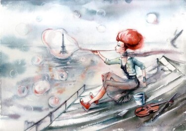 On the roof. Paris. Watercolor illustration. 绘画 标题为“On the roof. Paris.…” 由Alla Prisakar, 原创艺术品, 水彩