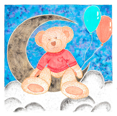 Nounours sur la lune - Aquarelle 绘画 标题为“Nounours sur la lun…” 由Muriel Guillerault (Murielg.illustrations), 原创艺术品, 水彩