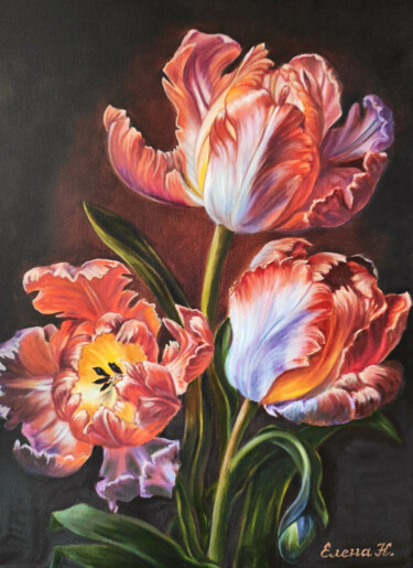 Bright tulips Painting titled "Bright tulips" by Elena Kozyutenko, Original Artwork, Oil Mounted on Wood Stretcher frame
