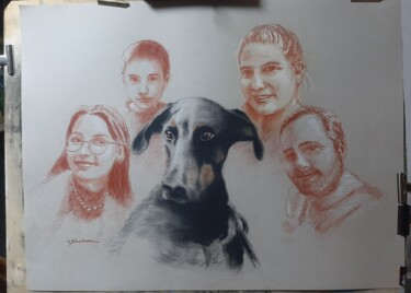 Le chien et sa famille. Fusain et sanguine sur papier teinté Dessin intitulée "Le chien et sa fami…" par Olivier Blondeau, Œuvre d'art originale, Conté