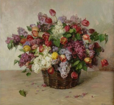 Painting titled "Lilac and tulips" by Viktor Cyganuk, Original Artwork, Oil Mounted on Wood Stretcher frame