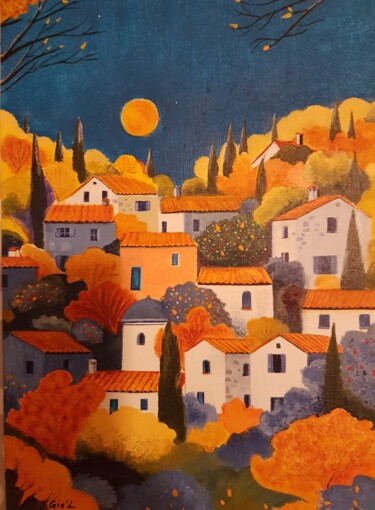Peinture intitulée "Village endormi sou…" par Gisele Hamon, Œuvre d'art originale, Acrylique Monté sur Carton