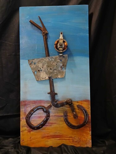 Collages getiteld "BASURERO ESPACIAL" door Luis Manuel Ruiz, Origineel Kunstwerk, Metalen Gemonteerd op Houten paneel