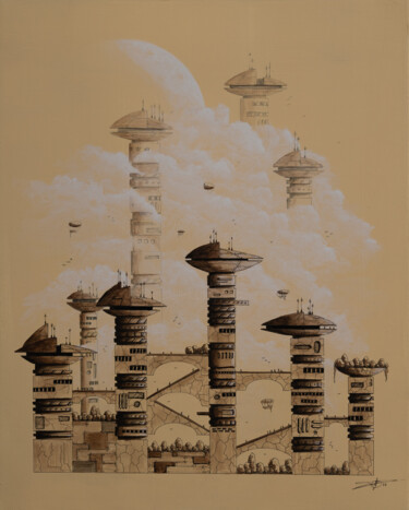 Painting titled "Monochropolis 7" by Pascal Genevois, Original Artwork, Acrylic Mounted on Wood Stretcher frame