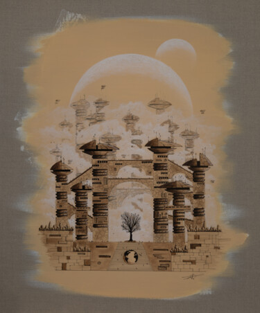 Painting titled "Monochropolis 9" by Pascal Genevois, Original Artwork, Acrylic Mounted on Wood Stretcher frame