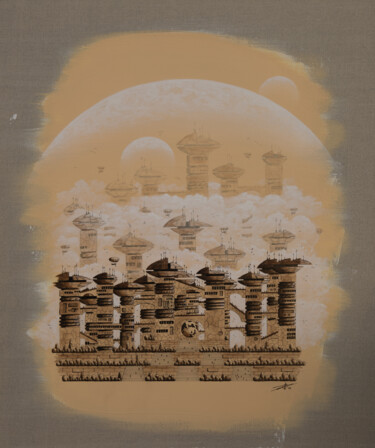 Painting titled "Monochropolis 10" by Pascal Genevois, Original Artwork, Acrylic Mounted on Wood Stretcher frame