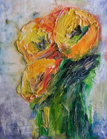 Painting titled "yellow flowers warm" by Olesa Kasirskaa, Original Artwork, Acrylic