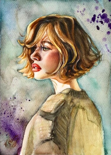 Woman in a sweater 图画 标题为“Woman in a sweater” 由Viktoryia Lautsevich, 原创艺术品, 水彩