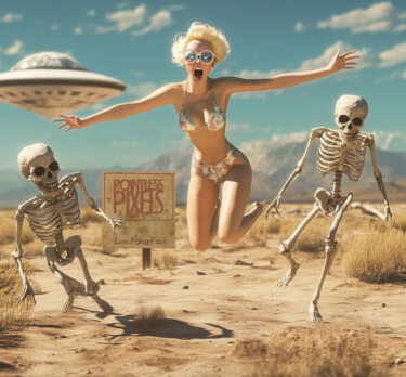 Digital Arts titled ""Fun in the Desert"" by Pointless Pixels, Original Artwork, AI generated image Mounted on Wood Stretche…