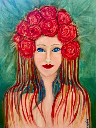 Peinture intitulée "La dame aux roses" par Sylvie Pulur, Œuvre d'art originale, Huile Monté sur Châssis en bois