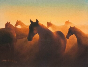 Pintura titulada "horses 3" por Sudipta Karmakar, Obra de arte original, Acuarela