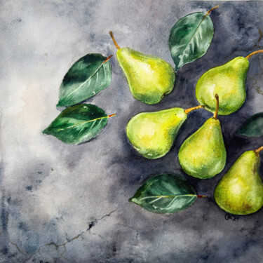 Whispers Through the Wall: Green Pears 3 Painting titled "Whispers Through th…" by Irina Kurganskaya, Original Artwork, Watercolor